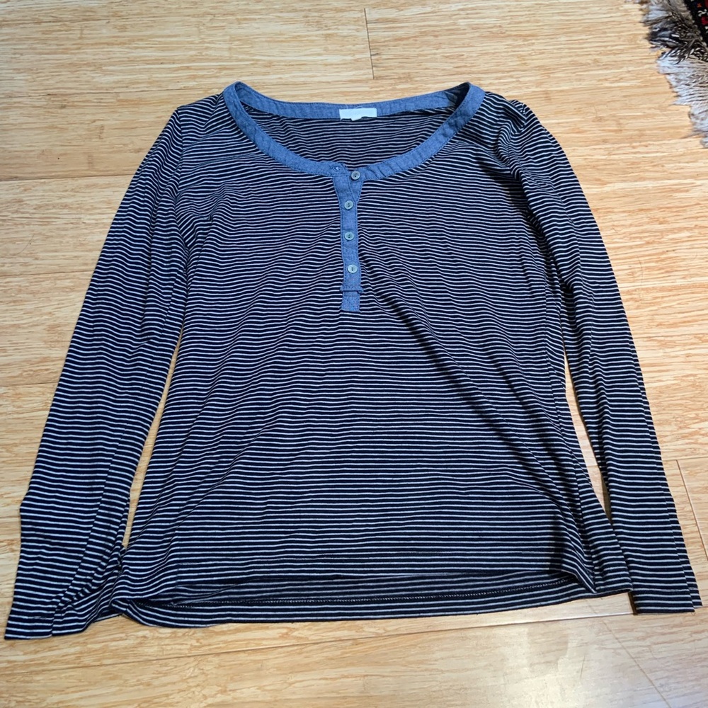 Long sleeve striped shirt denim trim